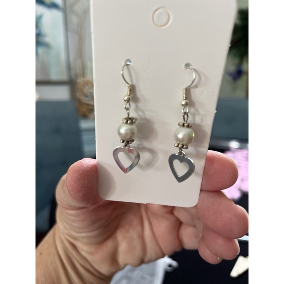Earrings Heart Silver Tone White Bead Drop Hook Handmade Cottage Love Boho Chic - Picture 4 of 11